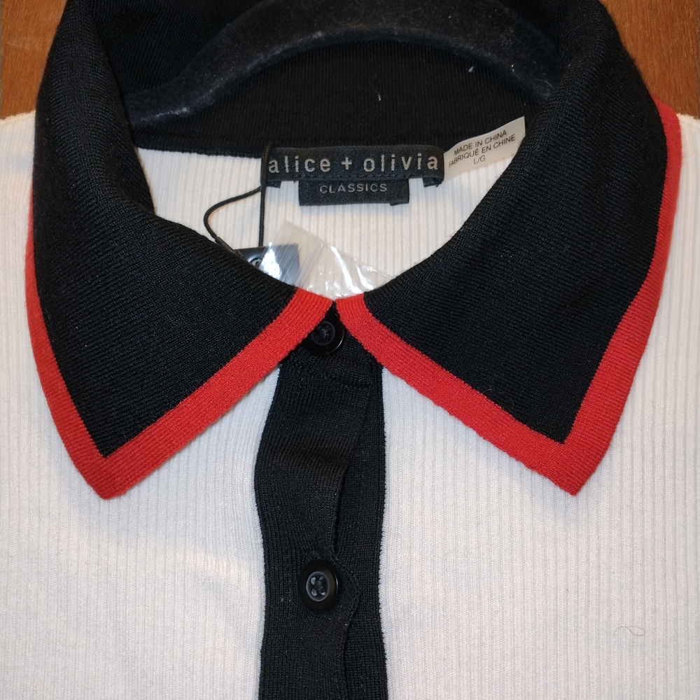 NWT Alice + Olivia Black and Red Collar/Sleeves Top